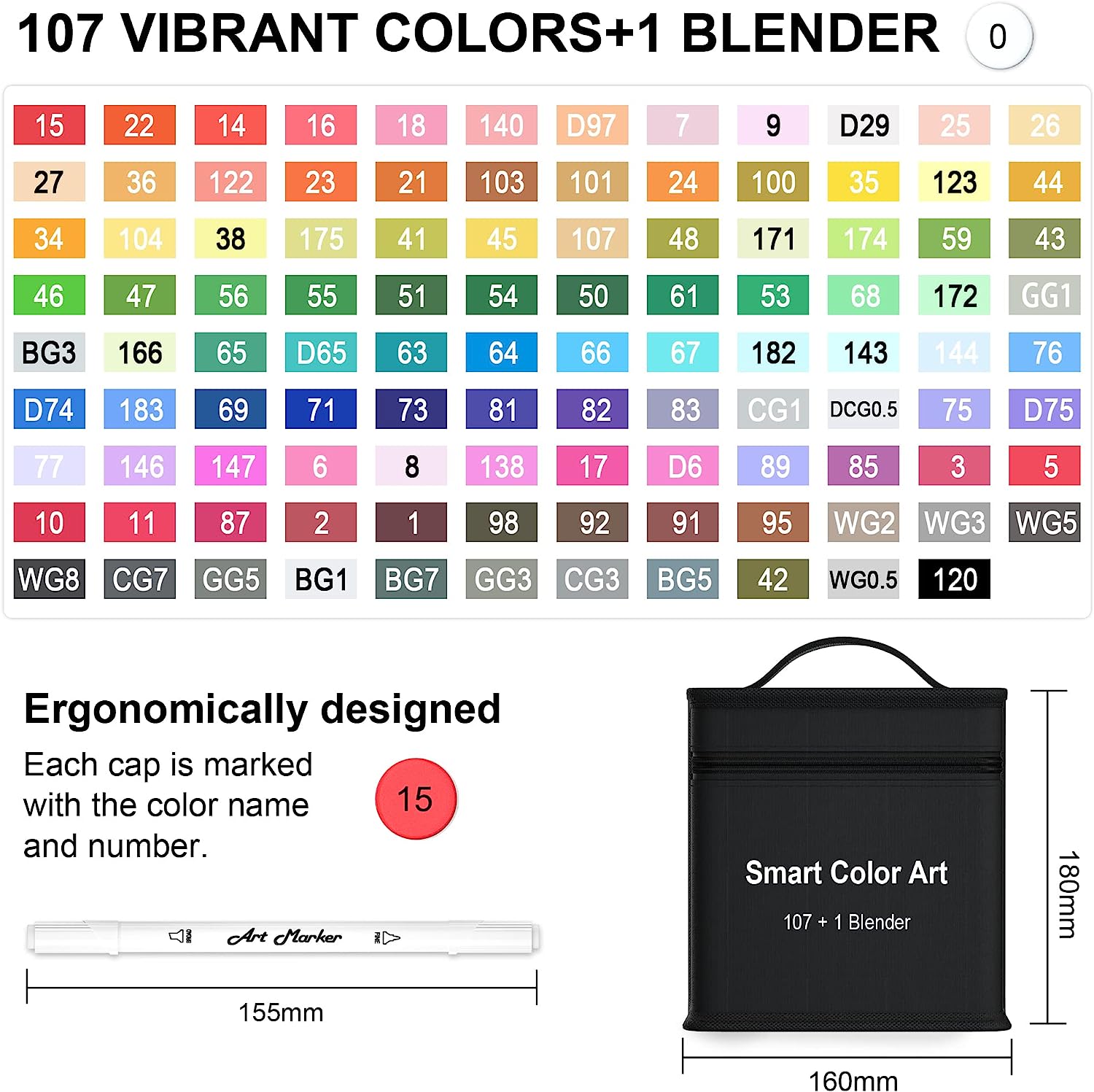 108 Pack Art Markers, 107 Coloring Markers and 1 Blender, Alcohol Based Dual Tip Permanent Markers Highlighters with Case, Excellent for Adults Kids Marking Drawing Sketching by Smart Color Art - Image 3
